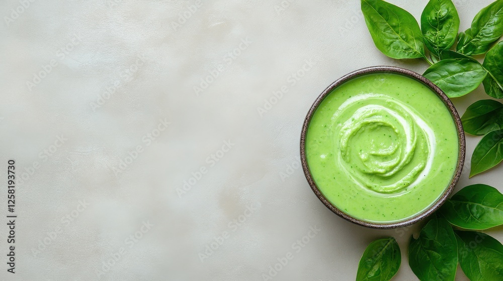 Delicious pea cream soup with pesto garnish in a rustic bowl for healthy dining inspiration. Delicious pea cream soup with pesto garnish in a rustic bowl for healthy dining inspiration.