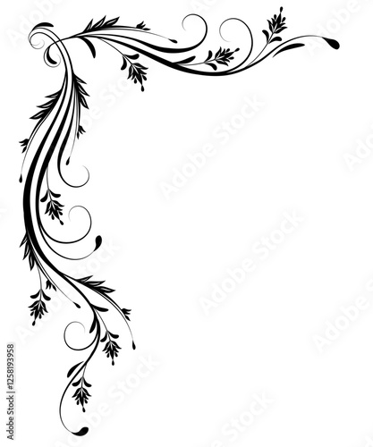 Corner text divider with wave ornament with leaves, flowers and abstract lines. Graceful decorative element for decor and greeting or invitation card design.