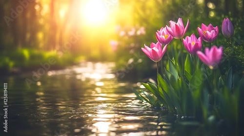 Radiant Tulips by the Waterway Capturing Nature s Beauty in Soft Light with Dreamy Reflections