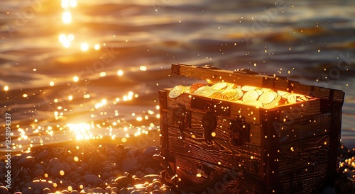 Treasure chest with gold coins on the seashore at sunset, Ai Generated