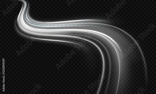 White shiny sparks of spiral wave. Curved bright speed line swirls. Shiny wavy path. Magic golden swirl with highlights. Glowing swirl bokeh effect.