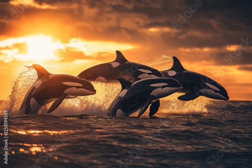 Four orcas leap from the ocean at sunset, creating a breathtaking silhouette against the vibrant sky. photo