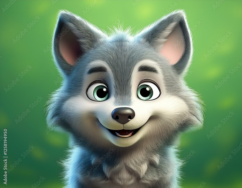 Fototapeta premium Niedlicher kleiner Wolf, grüner Hintergrund