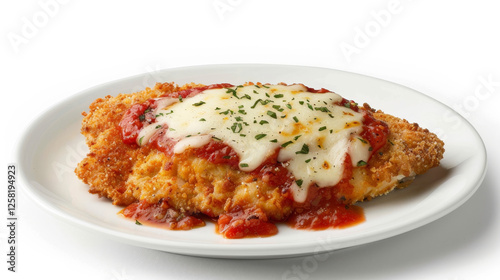 Chicken Parm with breaded chicken, marinara sauce, and melted cheese on a plain white background.