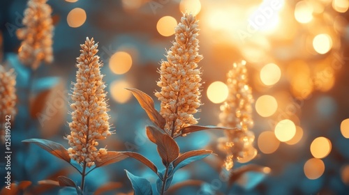 Beautiful golden flowers illuminated by sunset with bokeh background creating a serene atmosphere
