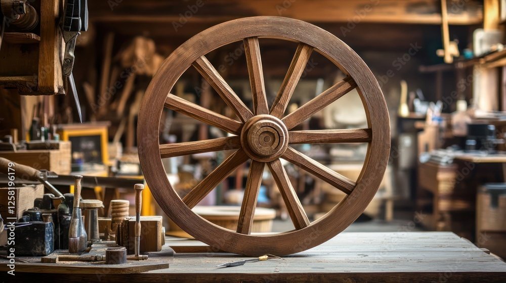A beautifully crafted wooden wheel displayed in a workshop, showcasing the artistry of woodworking and the craftsmanship involved in creating handmade pieces. A beautifully crafted wooden wheel displayed in a workshop, showcasing the artistry of woodworking and the craftsmanship involved in creating handmade pieces.