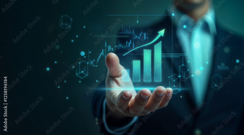 Naklejka premium Elevated Finance: A hand presenting financial growth with rising bar charts and digital interfaces, suggesting success, investment, and future prosperity in a digital age.