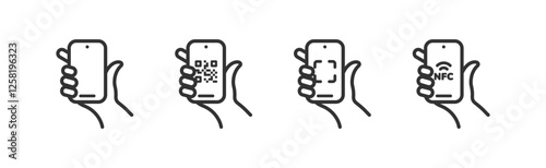 Hand hold phone icon. Smartphone finger touch. Mobile device scanning QR code, NFC.