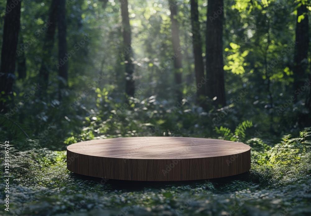 Wooden Stump Platform In Forest With Natural Light Wooden Stump Platform In Forest With Natural Light