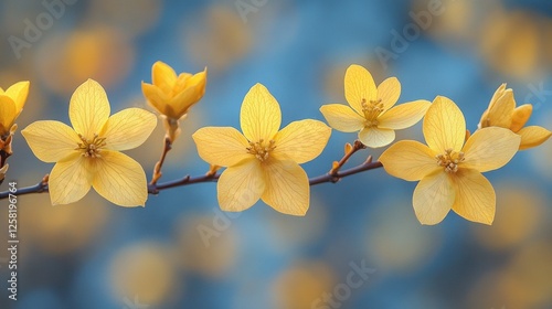 Delicate yellow flowers blooming on a slender branch against a soft blue background, evoking tranquility