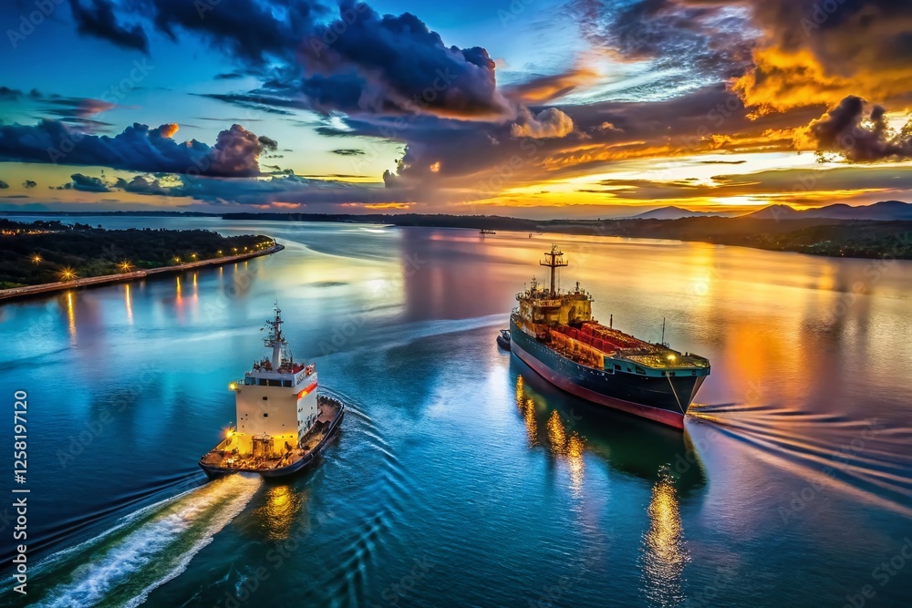 Fototapeta premium Low Light Tugboat & Cargo Ship, Port Curtis, Gladstone, Queensland, Australia - Dramatic Wash Lines