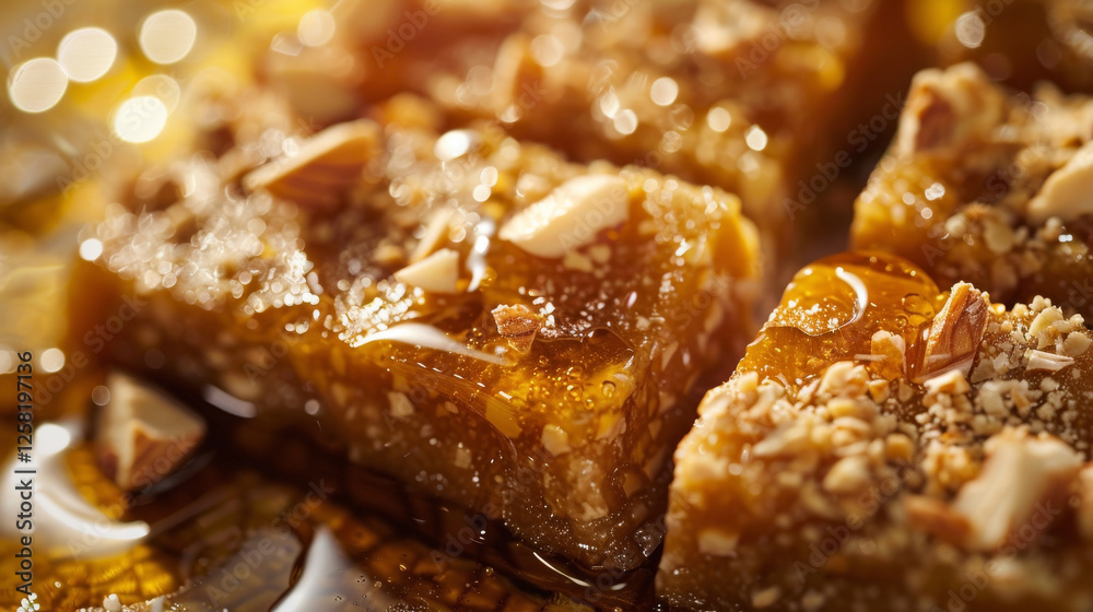 Close-up of Halva with dense texture, golden color, honey drizzle, and crushed nuts garnish