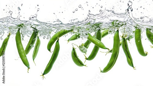 A group of green beans dropping into water, creating ripples and splashes against a clear background.