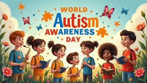 Wallpaper Mural World Autism Awareness Day illustration! Children, puzzle pieces, and rainbow infinity symbol. Promote Understanding! #AutismAwareness #Inclusion #Children Torontodigital.ca