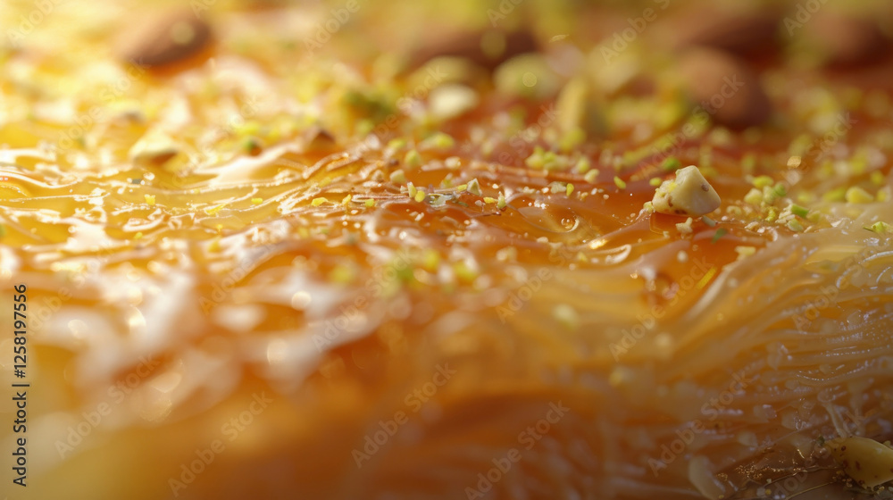 Close-up of Kunafa with crispy pastry, gooey cheese, sugar syrup, and topped with almonds or pistachios Close-up of Kunafa with crispy pastry, gooey cheese, sugar syrup, and topped with almonds or pistachios