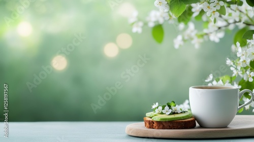 Wallpaper Mural Minimalist spring breakfast with avocado toast and coffee on wooden board. Torontodigital.ca