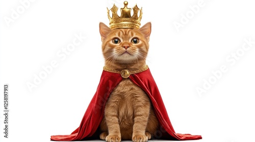 Ginger Kitten Royal Regalia Golden Crown Red Cape White Background photo