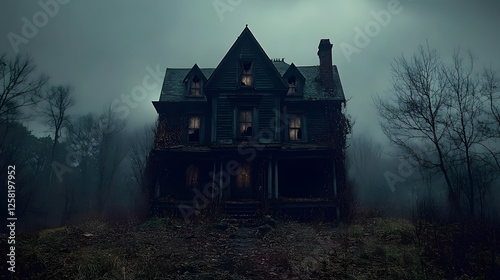 A haunting, dark house stands alone amidst fog and overgrown vegetation, evoking a sense of mystery and eeriness photo