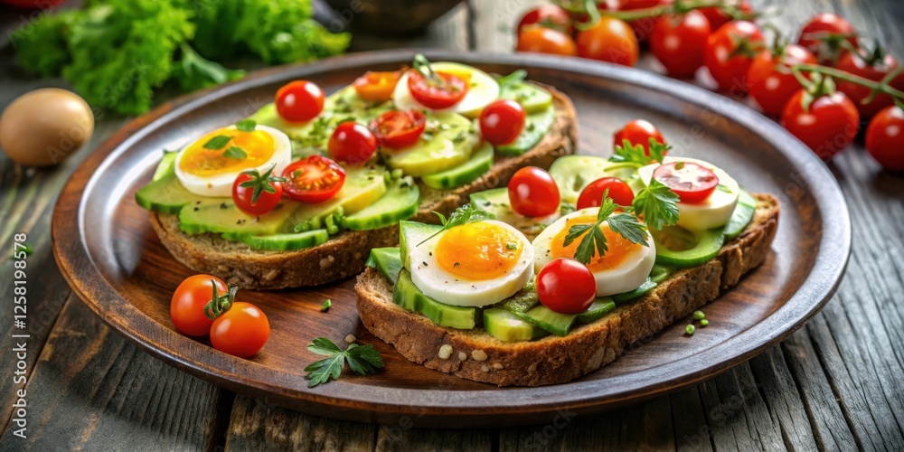 Two Slices of Whole Wheat Toast Topped with Avocado, Cucumber, Boiled Eggs, and Cherry Tomatoes on a Wooden Plate Two Slices of Whole Wheat Toast Topped with Avocado, Cucumber, Boiled Eggs, and Cherry Tomatoes on a Wooden Plate