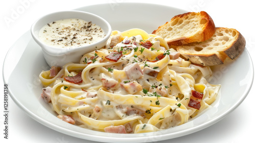 Gourmet Bistro Style Fettuccine Alfredo in Parmesan Bowl with Pancetta, Caramelized Onions, and Truffle Oil photo