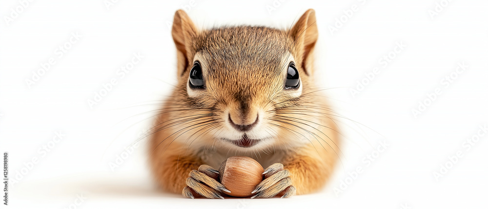 Fototapeta premium Curious Squirrel with Nut: A close-up portrait of a fluffy, adorable squirrel, with big, curious eyes, holding a nut in its paws, captured in a moment of playful anticipation.