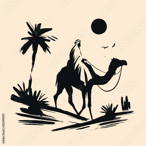Minimalistic hand-drawn man on a camel in the desert with palms