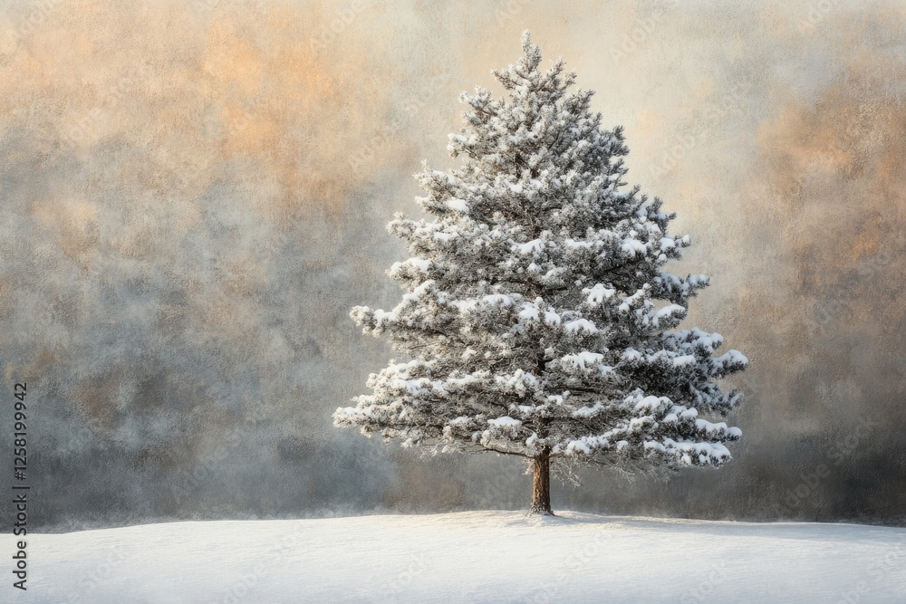 Fototapeta premium A solitary snow-covered pine tree stands gracefully against a textured winter backdrop.