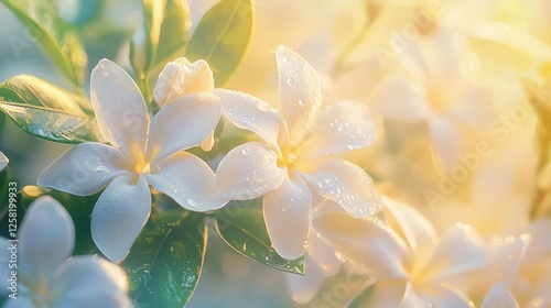 Serene Gardenia Blossoms, Dew-Kissed Petals at Sunrise