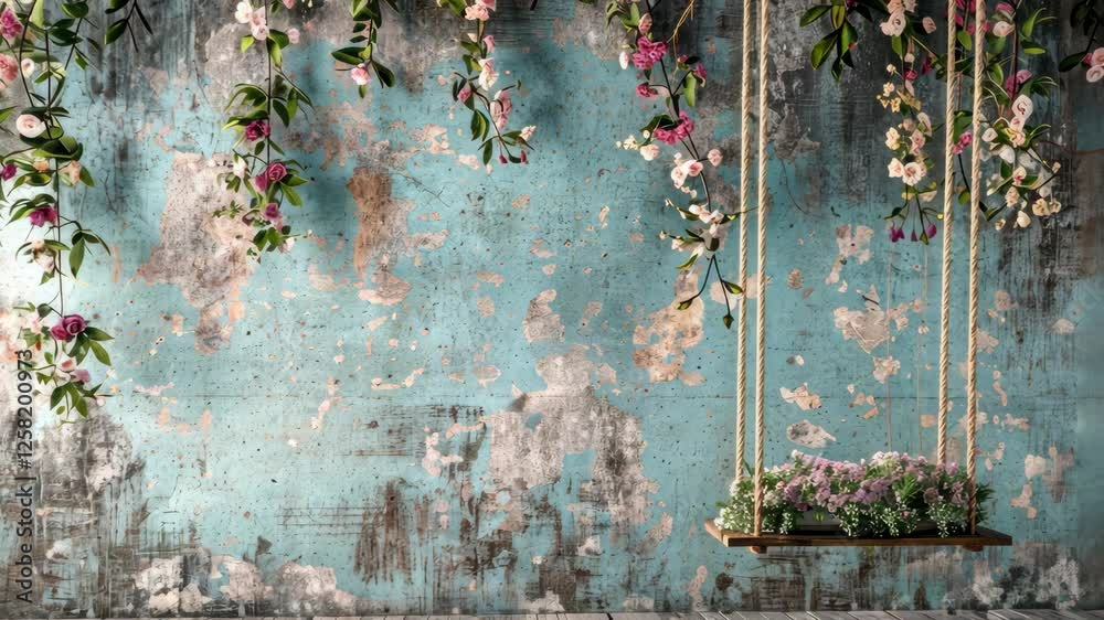 A charming garden swing adorned with vibrant flowers, set against a distressed blue wall creating a peaceful atmosphere
