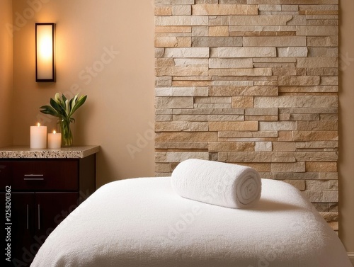 A serene spa setting featuring a massage table, rolled towel, candles, and a textured stone wall, creating a tranquil atmosphere for relaxation.