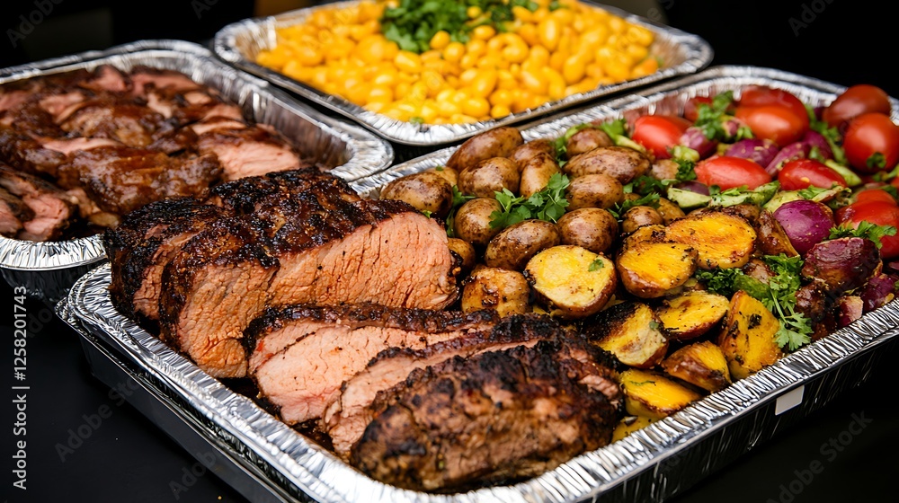 Savory Meat Platter Feast with Roasted Potatoes Corn and Colorful Tomato Garnish Buffet Style Savory Meat Platter Feast with Roasted Potatoes Corn and Colorful Tomato Garnish Buffet Style