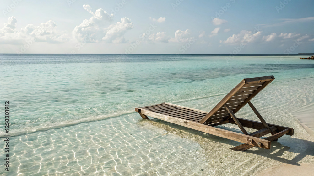 Relaxing Wooden Lounger by Clear Blue Water Under Bright Sky on Tropical Beach Relaxing Wooden Lounger by Clear Blue Water Under Bright Sky on Tropical Beach