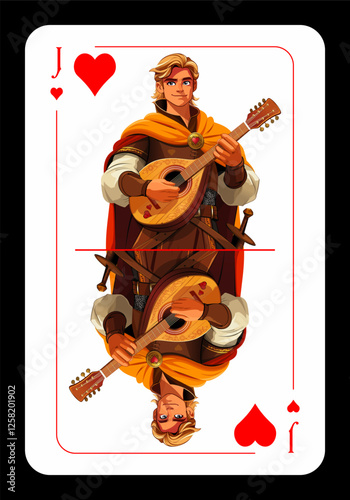 Jack of hearts, original playing card design. Playing card Jack of Hearts with a picture of a young man dressed as a medieval minstrel playing the lute. Vector illustration