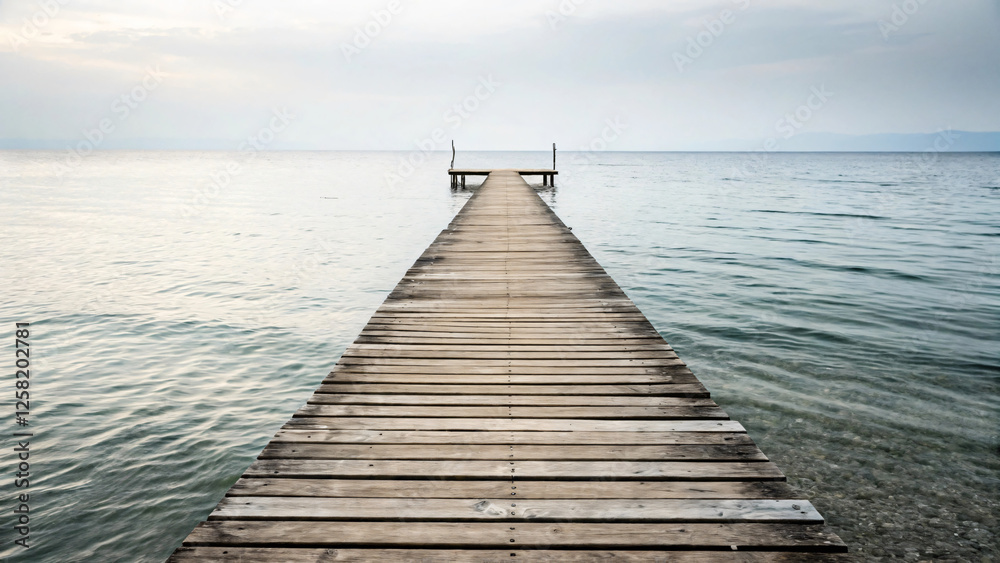 Fototapeta premium Serene Wooden Pier Extending into Calm Waters Under Soft Cloudy Sky