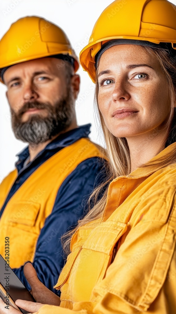 Focused Construction Workers in Yellow Hard Hats Focused Construction Workers in Yellow Hard Hats