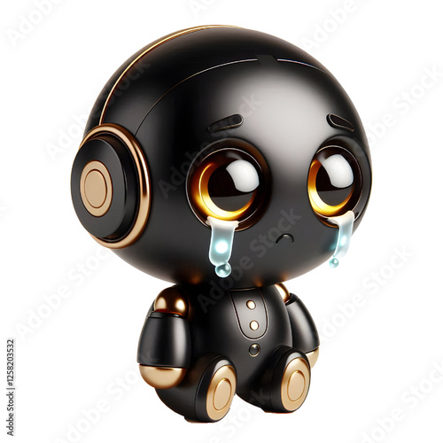 Cute 3D black robot with golden eyes crying in side view isolated on white background