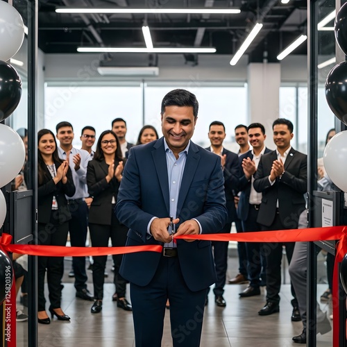 Bank director cutting the red ribbon to open a new branch, marking a significant business milestone.

