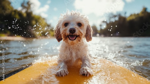 A joyful Maltipoo balancing gracefully on a stand up paddle board floating. Water splashes fly into the camera 