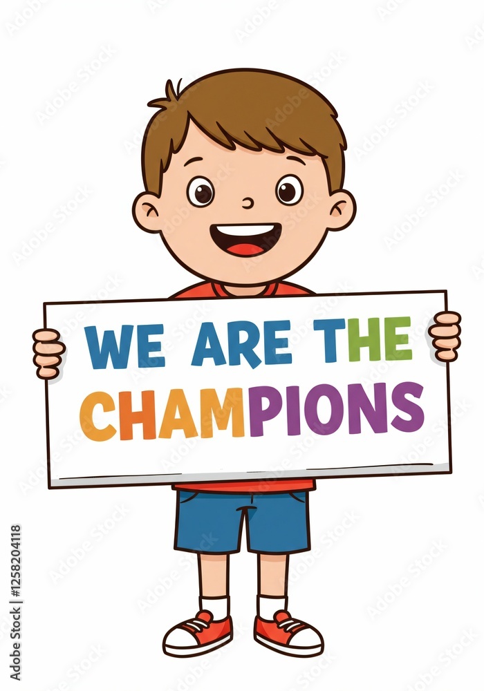 Cartoon boy with 'We Are The Champions' sign. Cartoon boy with 'We Are The Champions' sign.