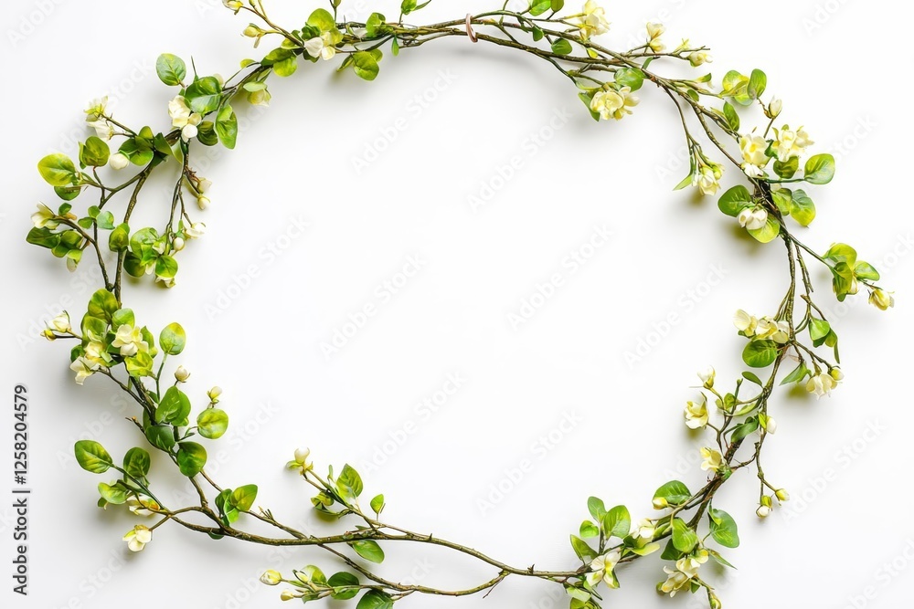 Naklejka premium Decorative wreath frame with floral elements encircling a blank white space.