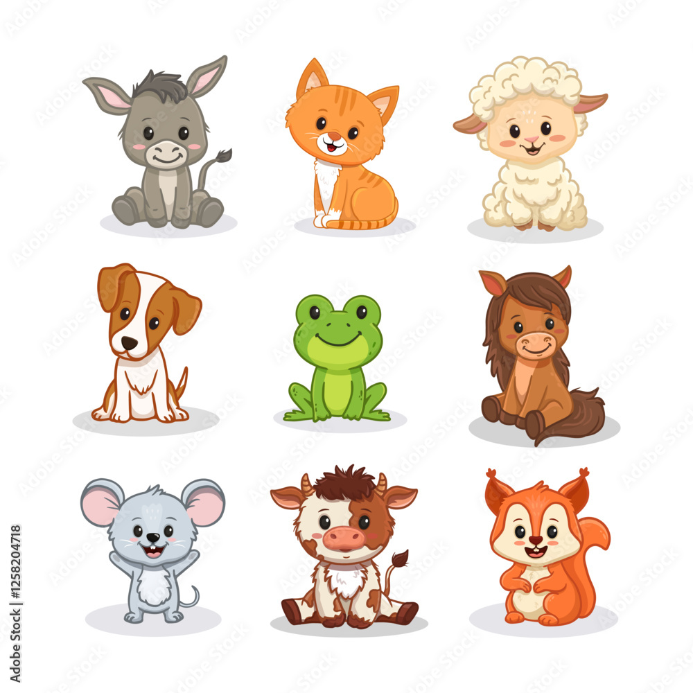 Obraz premium Set of cartoon cute animals including puppy, dog, donkey, horse, lumb, sheep, cow and frog, mouse, squirrel cat, kitten, horse. Funny animals for magazines, postcards, cards. Vector illustration