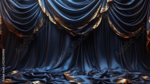Elegant blue satin curtains with golden accents, draped gracefully, creating a luxurious backdrop