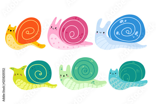 Cartoon cute snail character collection. Doodle snail. Children's illustration of a small snail. Stock vector illustration isolated on a white background.