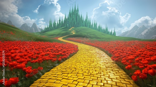 The yellow brick road leads to the green emerald city in the distance, passing through a field of poppies.