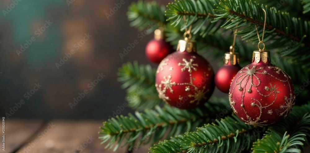 Close-up of intricately decorated Christmas ornaments on a wooden branch, wooden branch, berries, misty background Close-up of intricately decorated Christmas ornaments on a wooden branch, wooden branch, berries, misty background