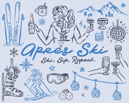 Après-ski - Whimsical hand drawn illustration set, vector collection