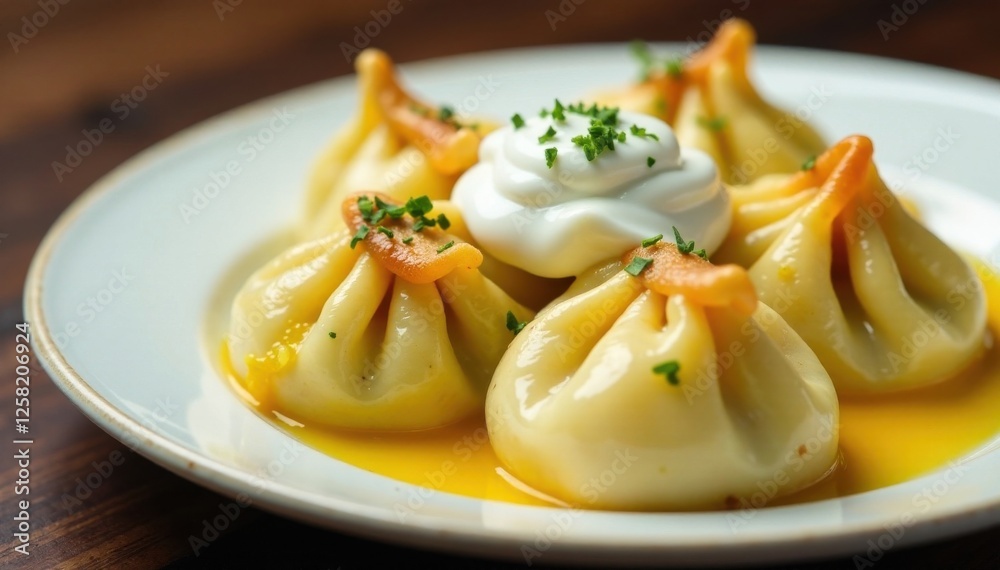 Close-up of pierogi with melted butter and sour cream, sour cream, filling, savory Close-up of pierogi with melted butter and sour cream, sour cream, filling, savory
