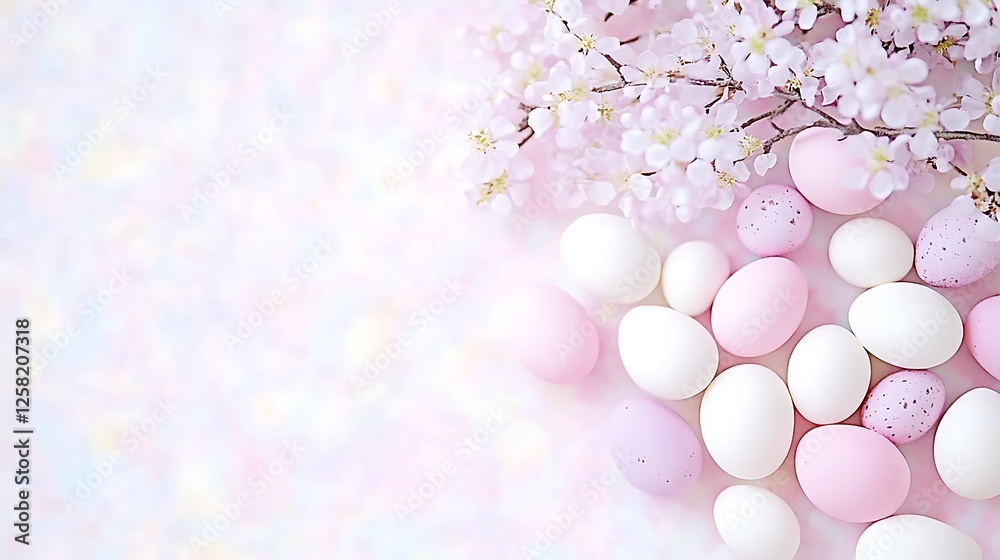 Serene Easter Scene Pink Tones Easter Eggs and Delicate Blossoms Festive Elegant Still Life Serene Easter Scene Pink Tones Easter Eggs and Delicate Blossoms Festive Elegant Still Life