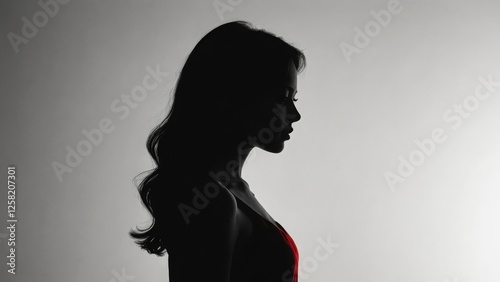 A striking silhouette of a woman with flowing hair, wearing a red dress against a light background