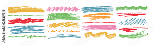 Colored charcoal underlines, scribbles and wavy brush strokes. Kids hand drawn doodle squiggles, curly lines. Pencil chalk think and rough stripes, freehand crayon smudges isolated on white background